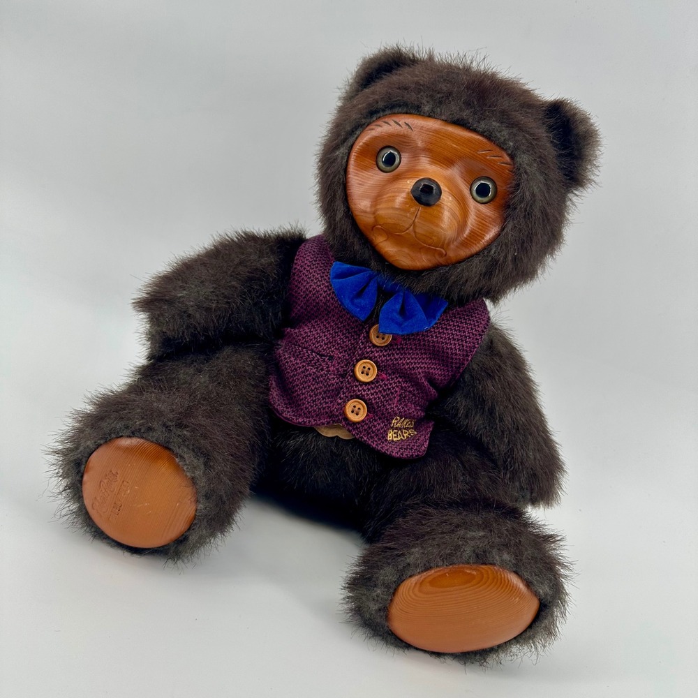 Robert Raikes Bears Wooden Face Teddy Bear Purple Vest Numbered D5838/7500‎